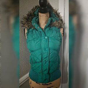 Vintage Aeropostale Puffer Vest Women’s Small S Brown Fur Hood Y2K